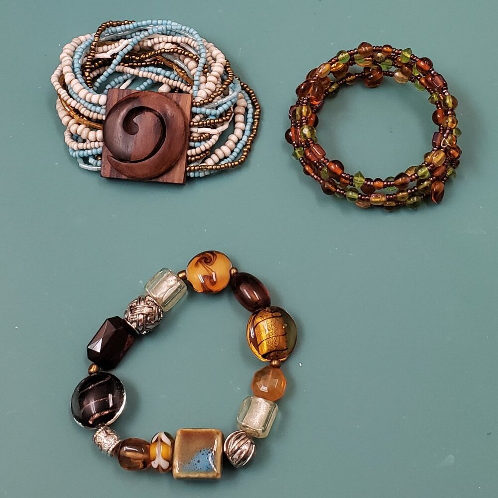 Bracelet bundle, 3 prs of stretch brown, blue, green beaded bracelets
